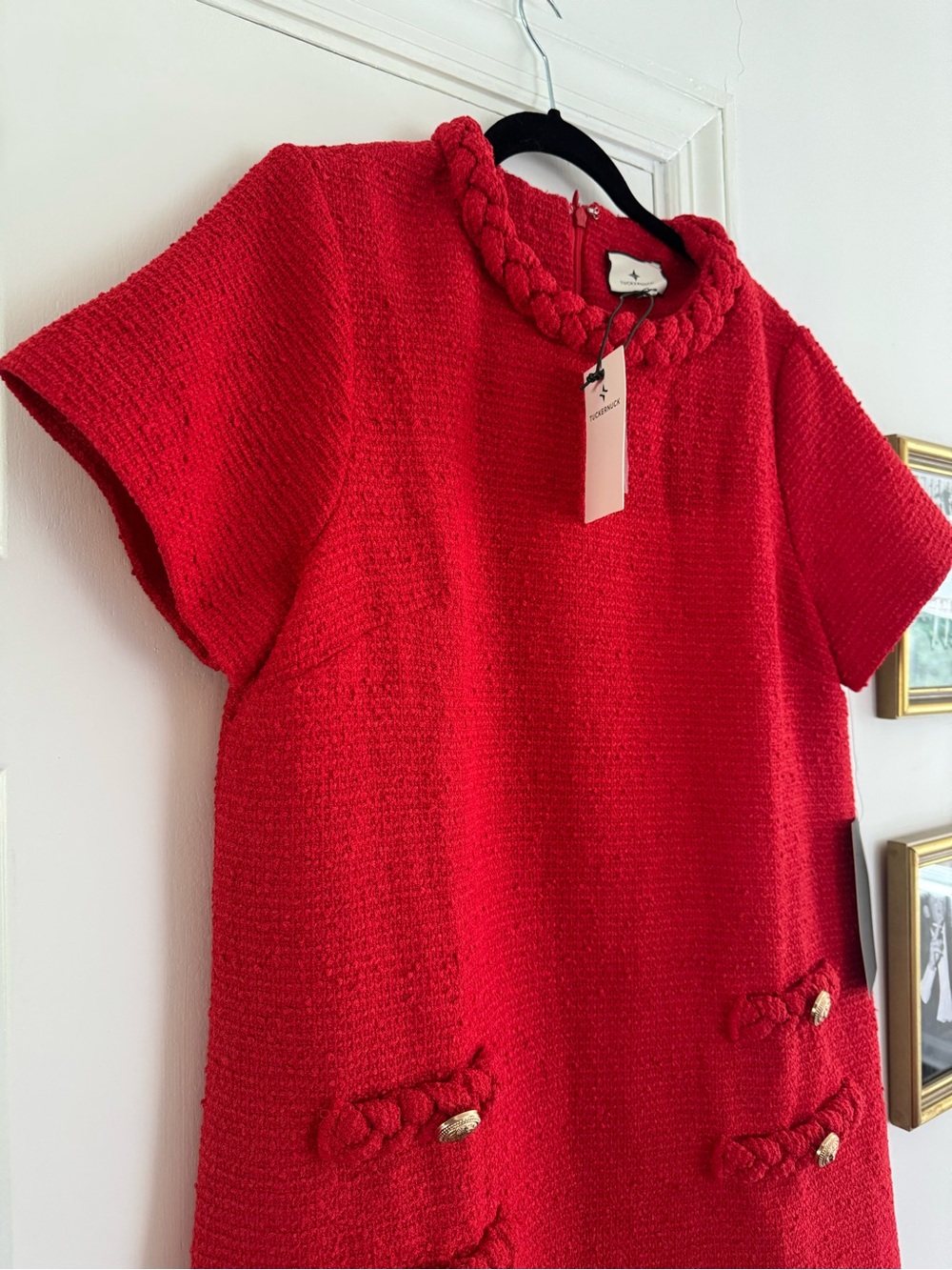 Tuckernuck Red Short-Sleeve Tweed Shift Dress with Braided Collar - Picture 2 of 2